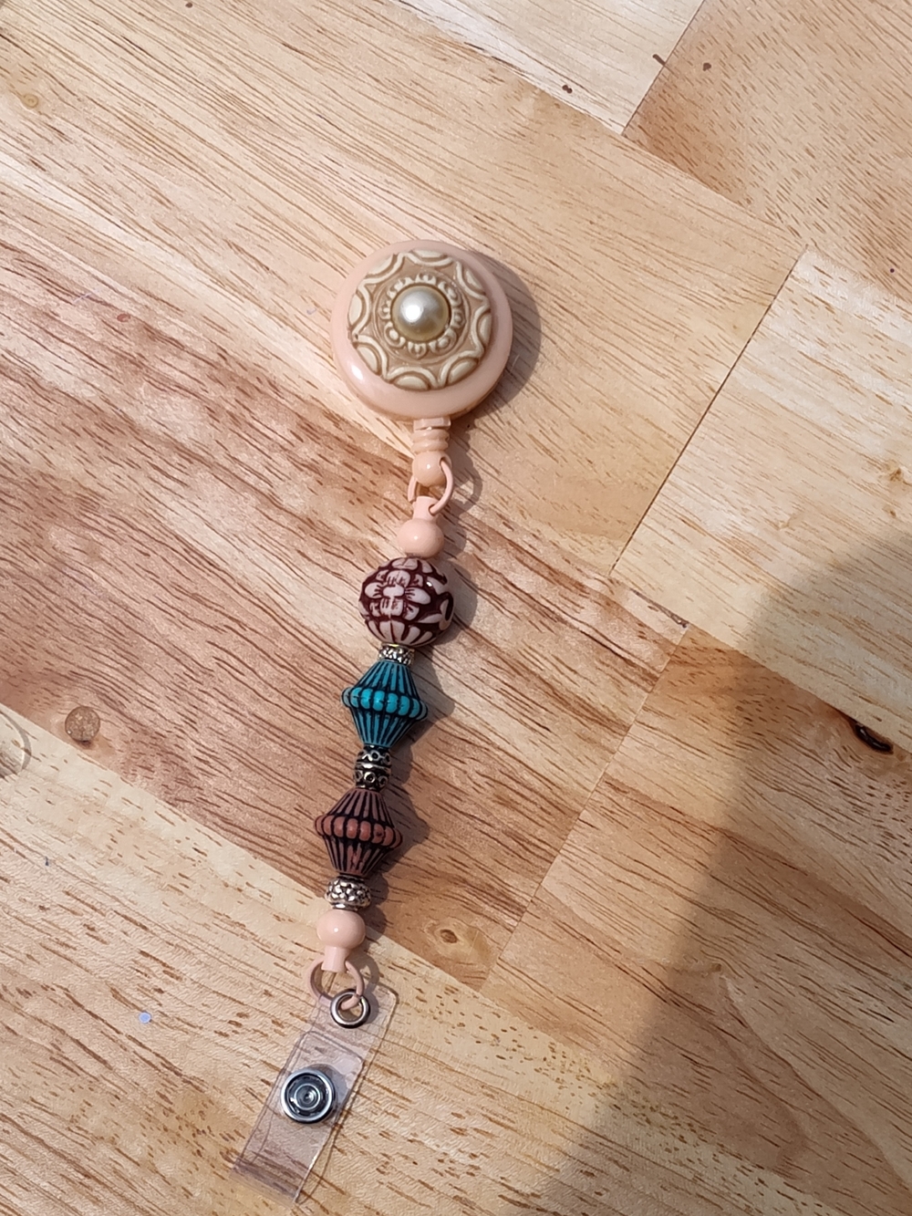 Southwestern Style Beaded Retractable Badge Reel in Peach, Turquoise & Brown